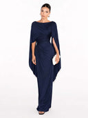 Boat Neck Pleated Slim Fit Maxi Dress