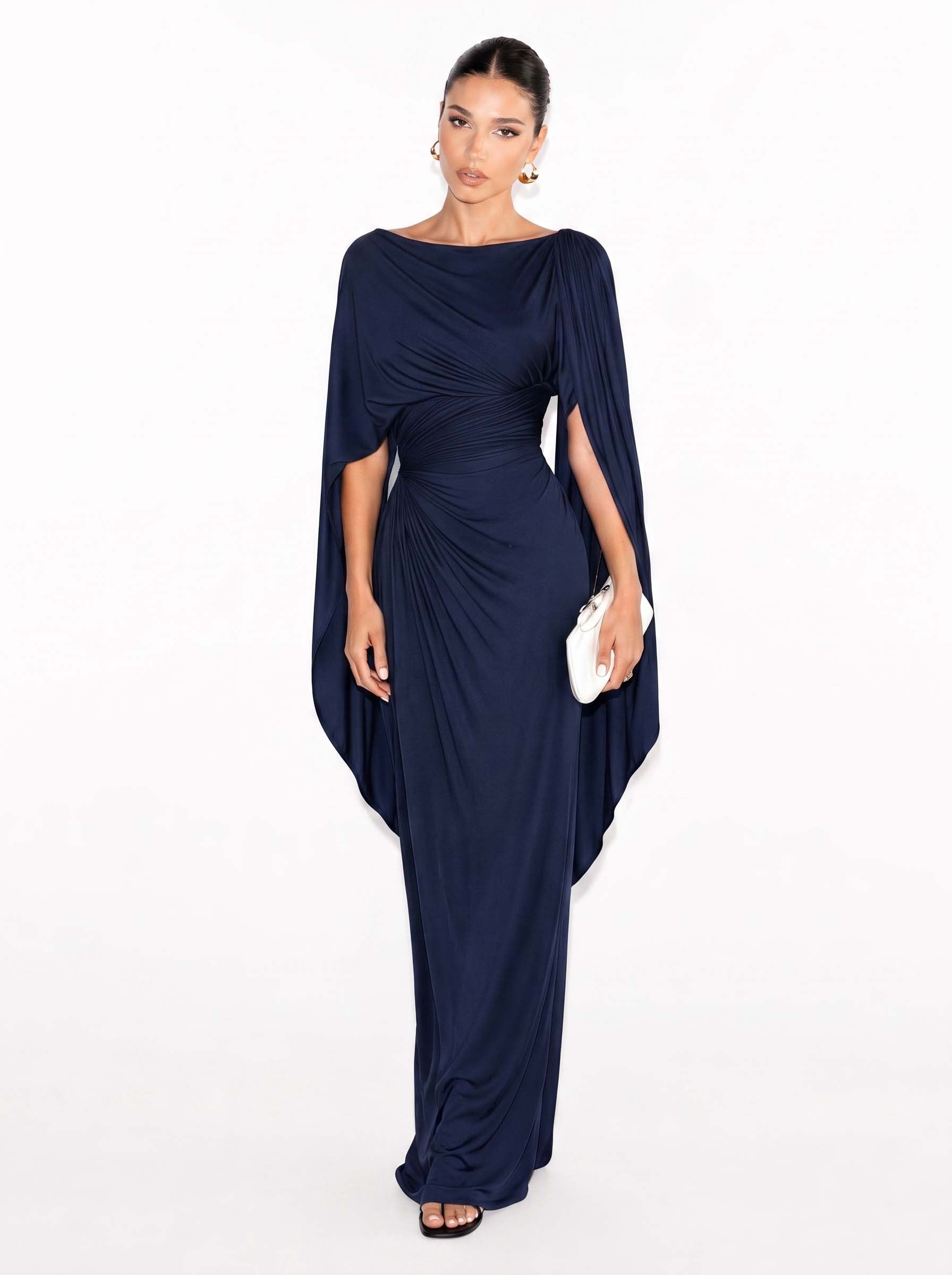 Boat Neck Pleated Slim Fit Maxi Dress