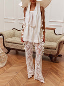 Elegant Sheer Chiffon Cami Top & Floral Lace Wide Leg Pants Two-Piece Set