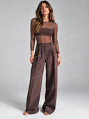 Tailored Blazer Vest Mesh Bodysuit Wide Leg Pants Three Piece Set