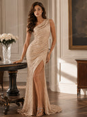 One-Shoulder Sequin High Slit Maxi Dress