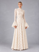 Elegant High Neck Floral Lace Flare Sleeve Maxi Dress