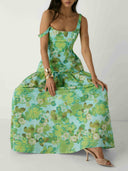 Elegant Floral Square Neck Top & Maxi Skirt Two Piece Set