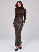 Mock Neck Bodysuit and Faux Leather Maxi Skirt Two Piece Set