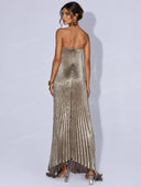 Elegant Strapless Sequin Pleated Maxi Dress