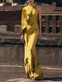 Elegant Cape Sleeve Satin Maxi Dress