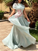 Elegant Draped Floral Applique Cape Chiffon Maxi Dress