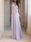 Elegant Bow Shoulder Satin A-Line Maxi Dress
