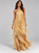 Elegant Gold Fringe Halter Maxi Dress