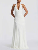 Elegant Halter Neck Ruched Pleated Maxi Dress