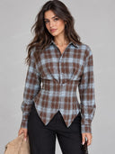 Plaid Waist Shaping Shirt Wide Leg Pants Two Piece Set