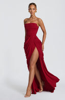Strapless Pleated Slit Maxi Dress