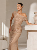 Off-Shoulder Shiny Pleated Maxi Dress