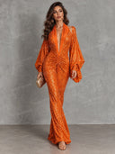 Sequin Plunge Neck Ruched Cape Sleeve Maxi Dress