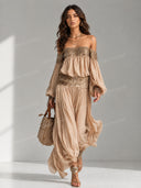 Elegant Off-Shoulder Sequin Embellished Flowy Maxi Dress Two-Piece Set