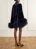 Elegant Mock Neck Feather Trim Velvet Mini Dress