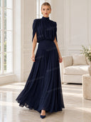 Elegant High Neck Pleated Cape Sleeve Maxi Dress
