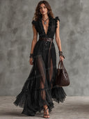 Elegant Ruffled Tulle Maxi Dress