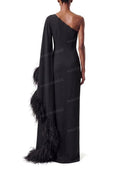 Elegant Feather Trim One Shoulder Slit Maxi Dress