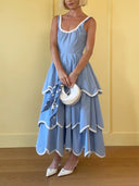 Elegant Color Trim Tiered Ruffle Sleeveless Maxi Dress