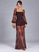 Elegant Lace Sleeve Top & Sheer Lace Maxi Skirt Two Piece Set