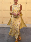 Elegant Botanical Print Sleeveless Midi Dress Two-Piece Set