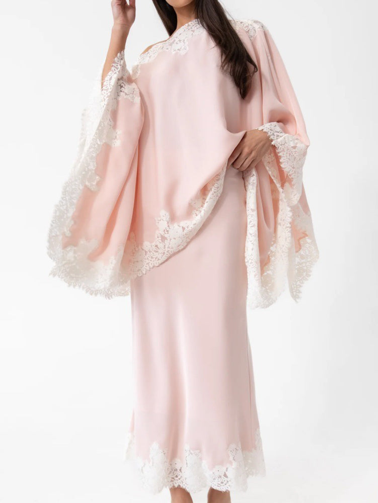 Elegant Satin Lace Shawl & Maxi Skirt Two-Piece Set