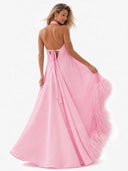 Elegant Halter Neck Sleeveless Feather Trim Satin Maxi Dress