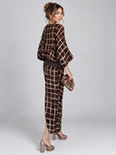 Casual Abstract Plaid Print Kimono Sleeve Maxi Dress