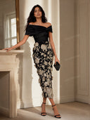 Elegant Floral Embroidered Off-Shoulder Maxi Dress