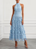 Elegant Halter Ruched 3D Floral Mesh Midi Dress