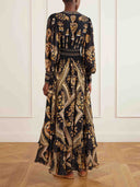 Retro Gold Print Puff Sleeve Ruffle Maxi Dress