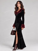 Velvet Faux Fur Trim Button Front Maxi Dress