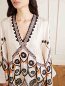 Retro Floral Geometric Print Satin Kaftan Maxi Dress