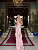 Elegant Satin Backless Cowl Back Maxi Dress