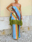 Colorful Striped Fringe Strapless Maxi Dress