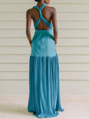 Elegant Backless Deep V-Neck Ruched Maxi Dress
