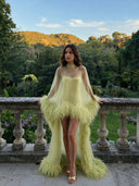 Elegant Feather Trim Sheer Chiffon High-Low Mini Dress