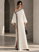 Casual Contrast Stripe Crochet Off-Shoulder Maxi Dress