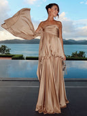 Elegant Satin Ruched Strapless Maxi Dress