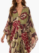 Retro Printed Flowing Bat Sleeve Maxi Dress
