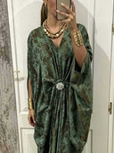 Elegant Draped V-Neck Ruched Kaftan Maxi Dress