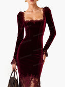 Elegant High-neck Velvet Lace Maxi Dress