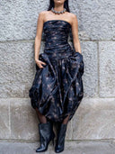 Elegan Strapless Floral Ruched Drop Waist Maxi Dress