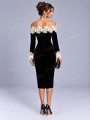 Elegant Lace Trim Off Shoulder Velvet Midi Dress