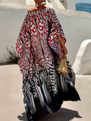 Abstract Print Off Shoulder Satin Kaftan Maxi Dress