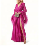 Elegant V-Neck Feather Cuff Flowing Chiffon Maxi Dress