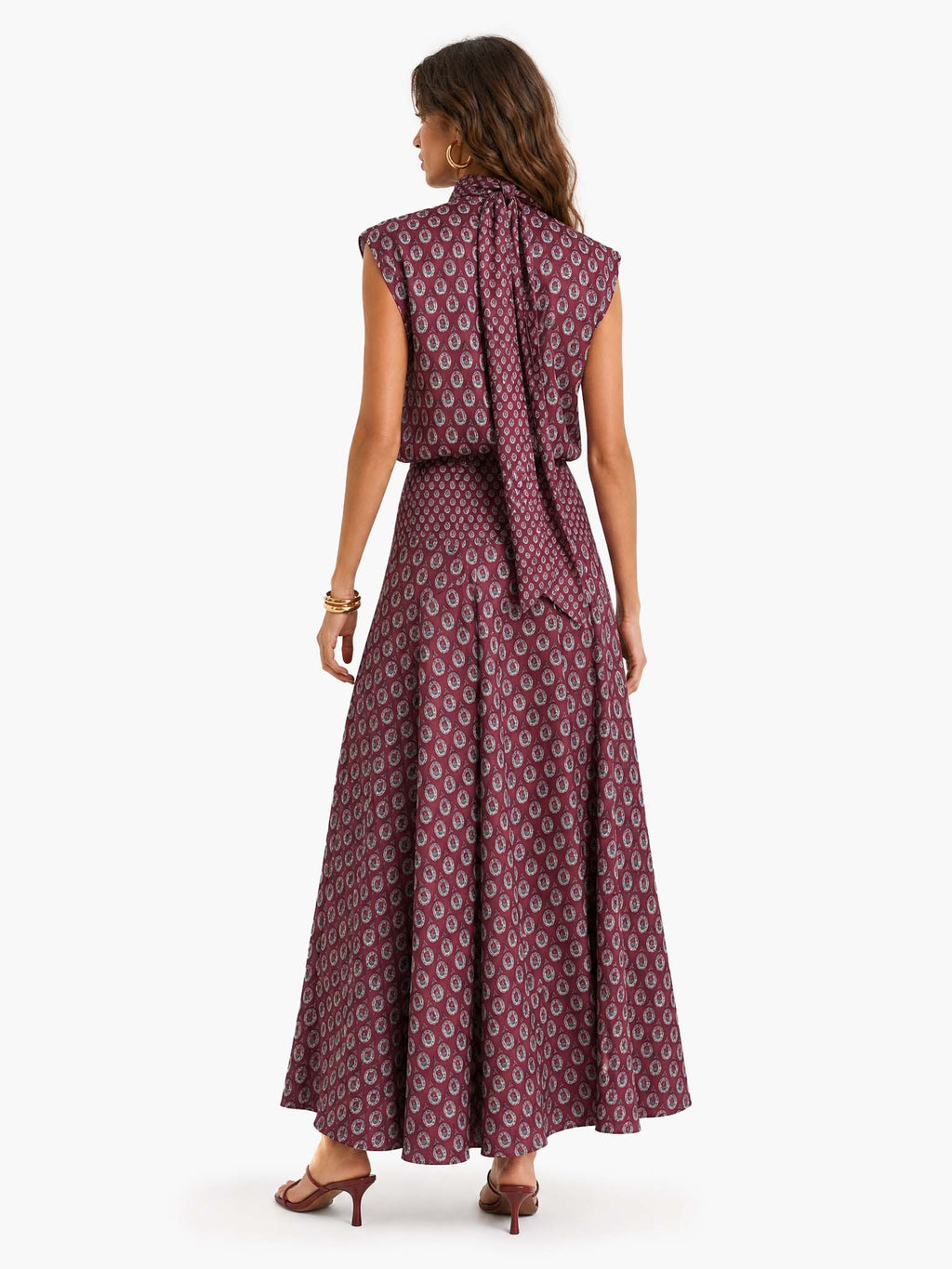 Retro Print Scarf Neck Top & Flowing Maxi Skirt Two-Piece Set
