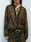 Retro Paisley Print Blouse & Asymmetric Maxi Skirt Two Piece Set