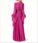 Elegant V-Neck Feather Cuff Flowing Chiffon Maxi Dress
